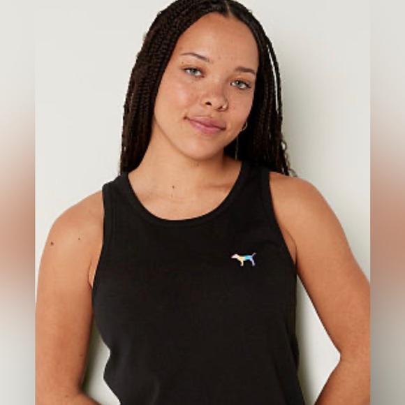 VS Pink 2 Piece SET Foldover Waist Shorts & Black RAINBOW Gradient Racerback Tee - Picture 5 of 10